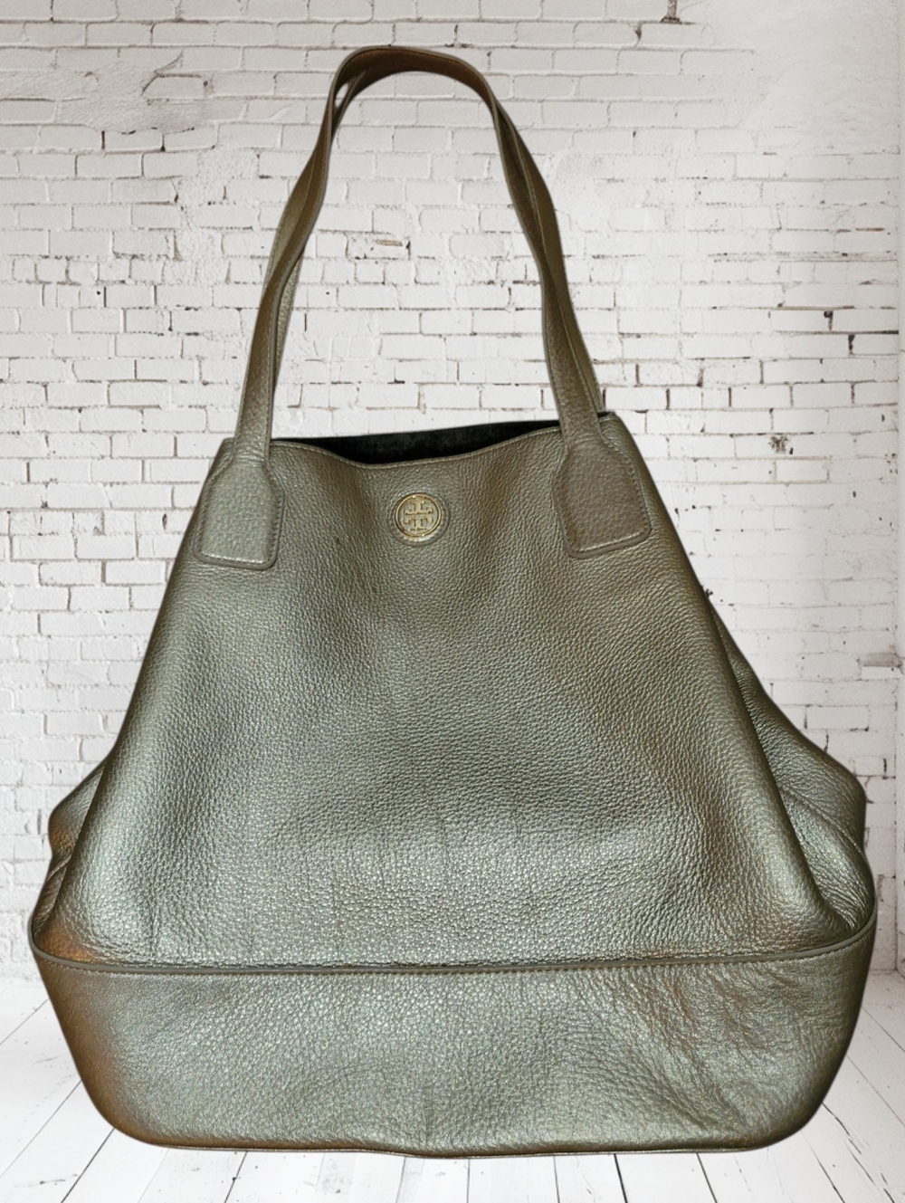 Tory Burch Metallic Gold Pebbled Leather Shoulder Tote